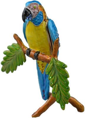 3.5" Blue Throated Macaw Sitting on Branch Crystal Studded Jewelry Trinket Box