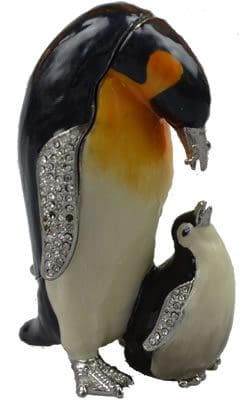 3.6" Big Emperor Penguin Feeding Baby Crystal Studded Jewelry Trinket Box