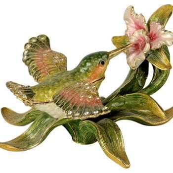 3.75" green & mauve hummingbird with flower crystal studded jewelry trinket box