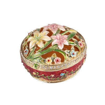 2.6" Round Box Lily Hollow Out Crystal Studded Jewelry Trinket Box
