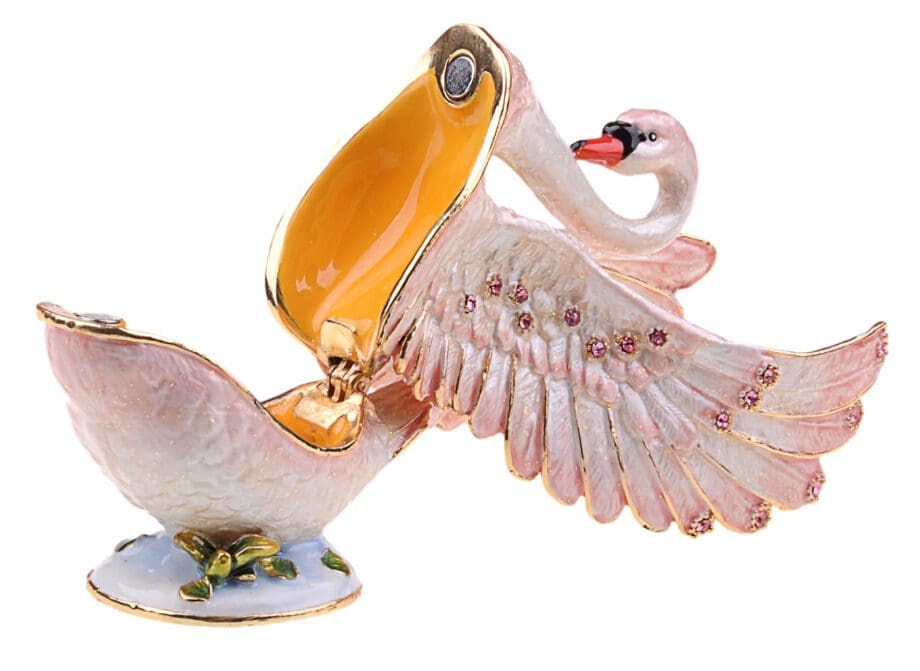 3.6" Swan with Fanned Wings Crystal Studded Jewelry Trinket Box