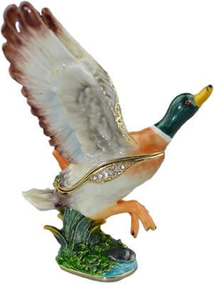 4.6" Green Head Duck Wing Out Flying Crystal Studded Jewelry Trinket Box