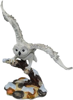 4.7" Snowy Owl on Branch Crystal Studded Jewelry Trinket Box