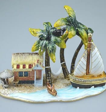 6" Tropical Island with Hut and Sailboat Crystal Studded Jewelry Trinket Box