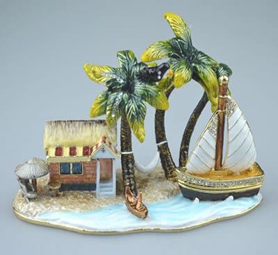 6" Tropical Island with Hut and Sailboat Crystal Studded Jewelry Trinket Box