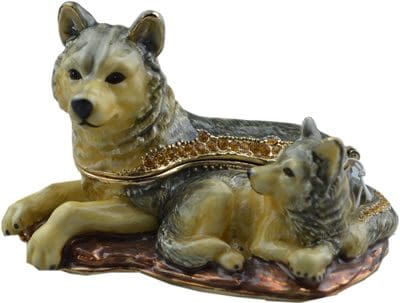 3.6" Wolf and Cub Crystal Studded Jewelry Trinket Box