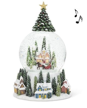 9" Large Village with Sleigh & Christmas Tree on Top Musical Snow Globe