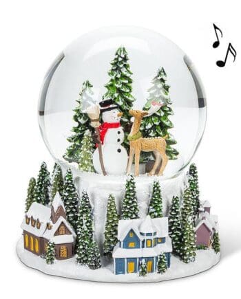 6" Large Village with Snowman & Reindeer Musical Snow Globe