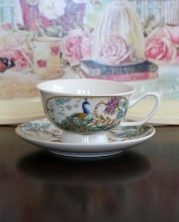 Peacock Design Bone China Tea Cup and Saucer in an Elegant Gift Box