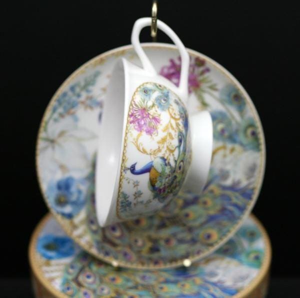 Peacock Design Bone China Tea Cup and Saucer in an Elegant Gift Box