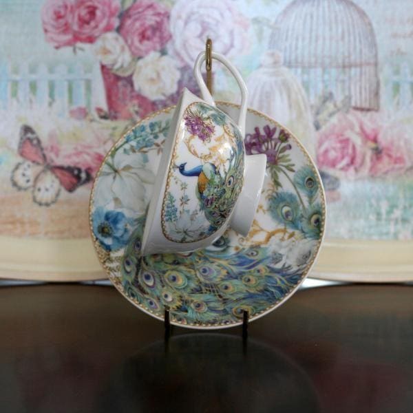 Peacock Design Bone China Tea Cup and Saucer in an Elegant Gift Box