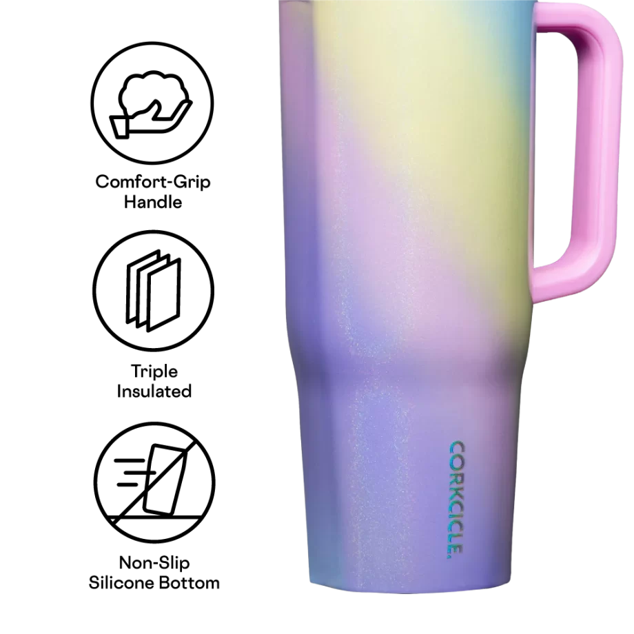 Corkcicle 40oz Cruiser Rainbow Unicorn Tumbler with Handle and Straw